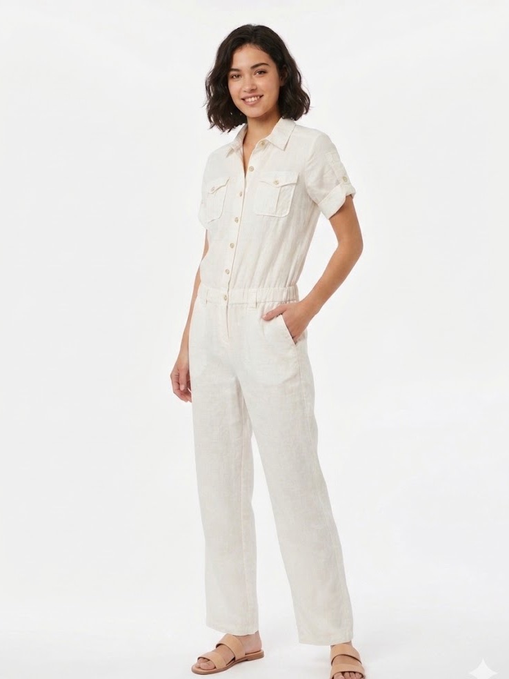 Stefanel Utility Jumpsuit Linen Blend Neutral Cream Off White Cargo It 40 Us 6